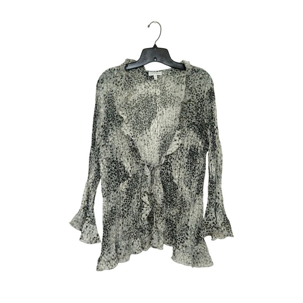 VNTG Y2K Sheer Leopard Print Cardigan Tie Front Ruffles Black/Silver/Grey Sz 2X